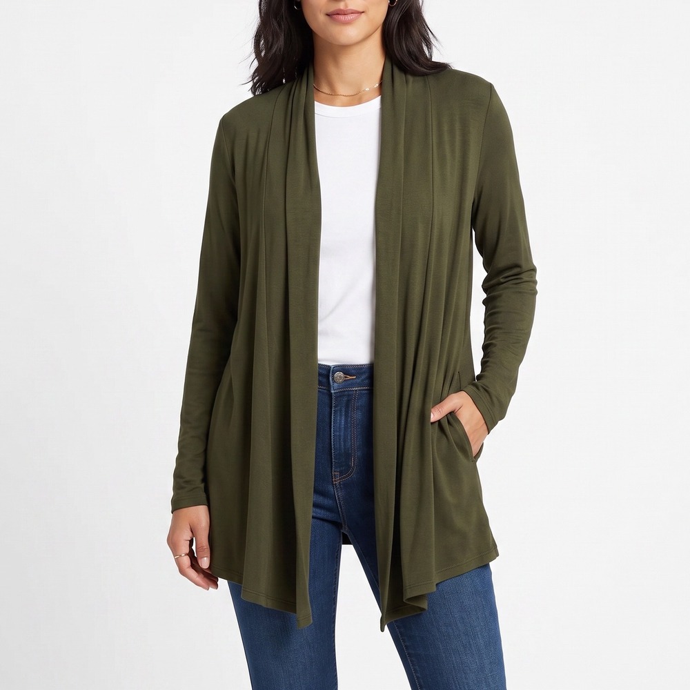 NY Collection Cardigan Women 1X Olive Green Open Front New